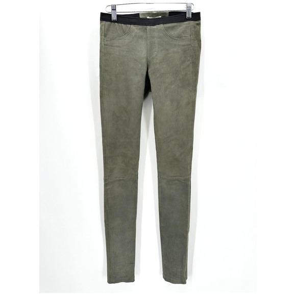 Helmut Lang Patina Lamb‎ Leather Leggings Size 0 Green Textured Moto Glam Preppy - Picture 1 of 11